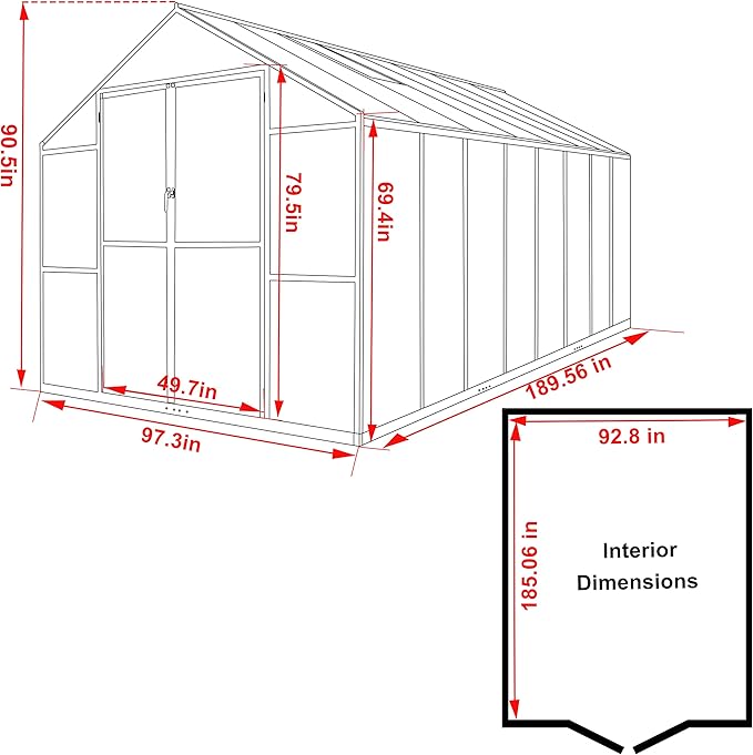 8x16 FT Polycarbonate Aluminum Greenhouse Kit, Outdoor Walk-in Green House with Adjustable Roof Vents and Lockable Door, Backyard Garden in Winter, Gray