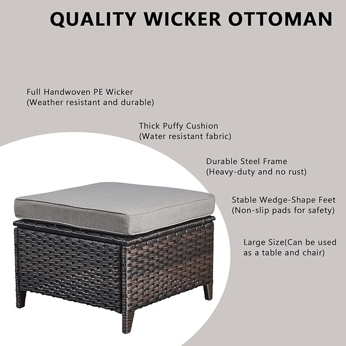 Outdoor Wicker Patio Furniture Set - 5 Pieces Rattan Patio Conversation Set with 2 Rocking Swivel Chairs,2 Ottomans and 1 Side Table for Porch Deck Backyard Garden(Brown/Grey)