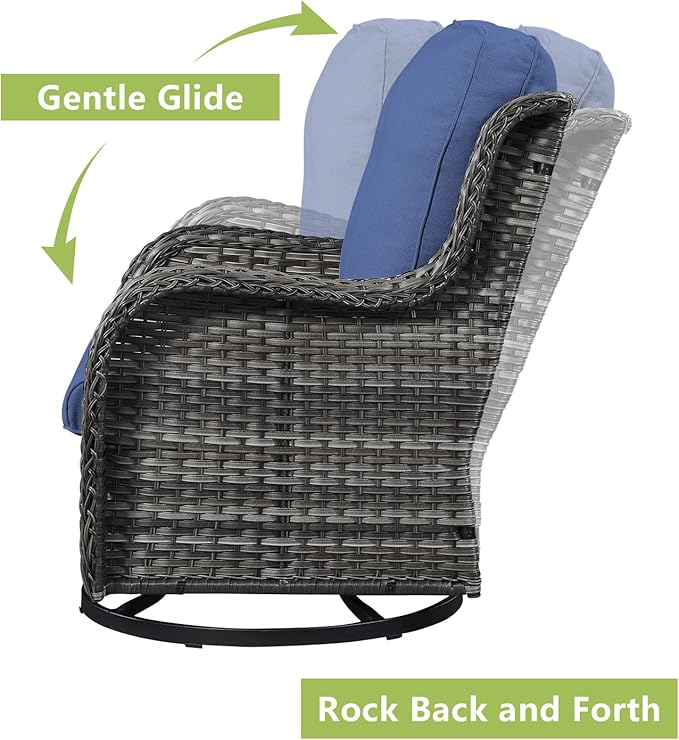 Outdoor Wicker Patio Furniture Set - 5 Pieces Rattan Patio Conversation Set with 2 Rocking Swivel Chairs,2 Ottomans and 1 Side Table for Porch Deck Backyard Garden(Mixed Grey/Blue)